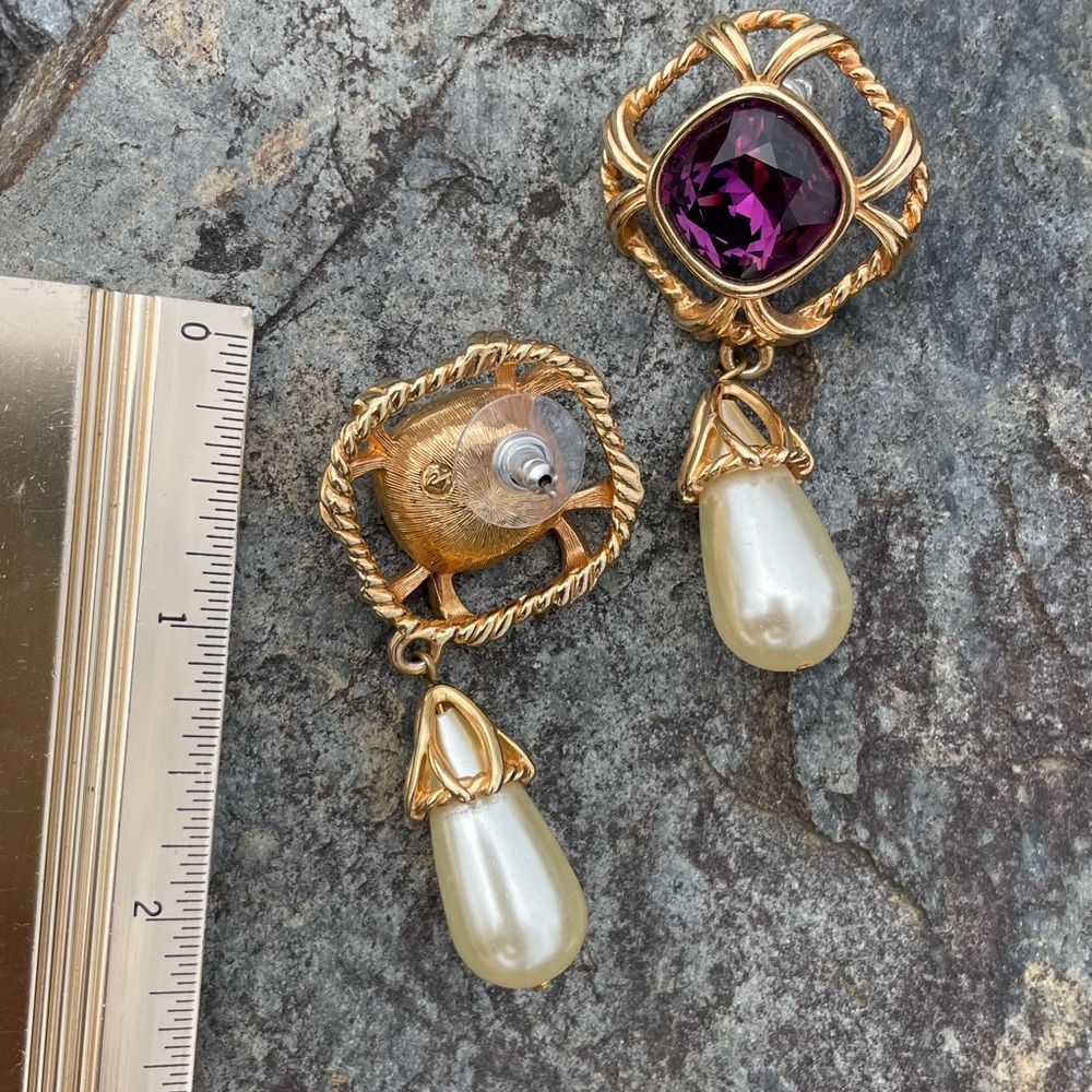 Vintage Swarovski Pearl Drop Large Purple Crystal Earrings - Picture 3 of 9